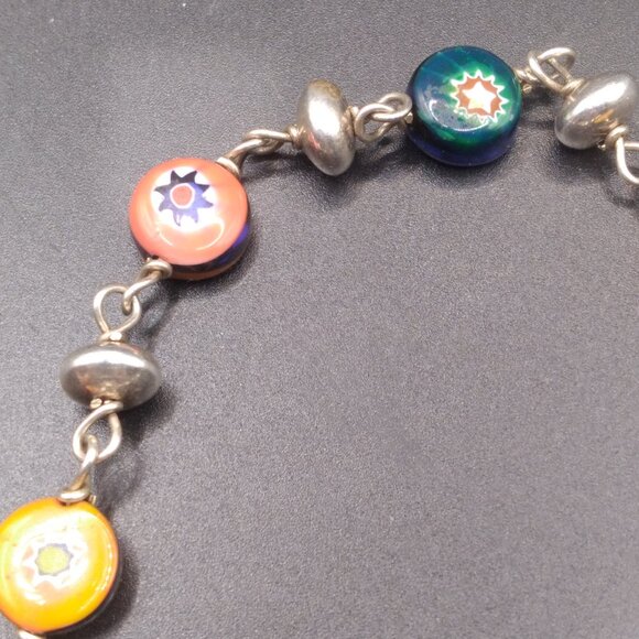 Sterling Silver Bracelet Millefiori Glass Beads double sided Italy - Picture 3 of 4